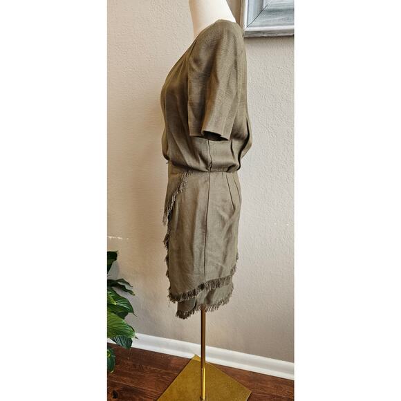 Vintage 80s Beau David Linen Blend Fringe Dress Women‎ Sz 8 Olive Green - Picture 10 of 12